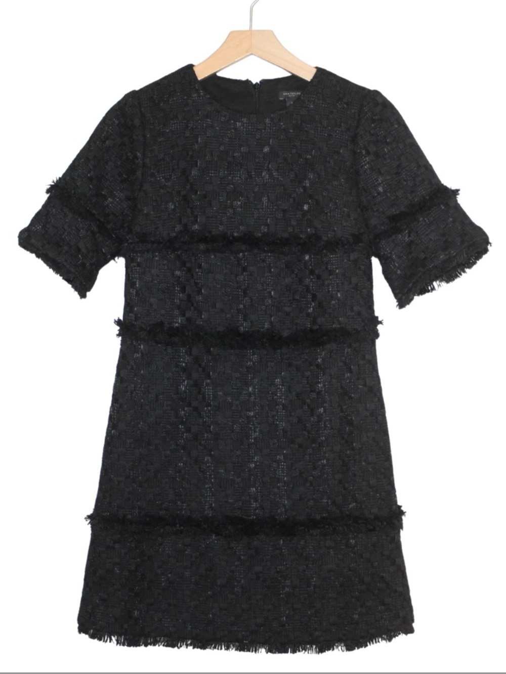 Ann Taylor black tweed frayed trim flared sleeve shift mini dress - Picture 2 of 13
